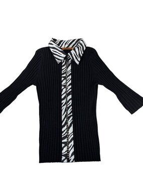 Vintage Belldini Y2K Black Ribbed Knit Zebra Collar Rhinestone Zip Top